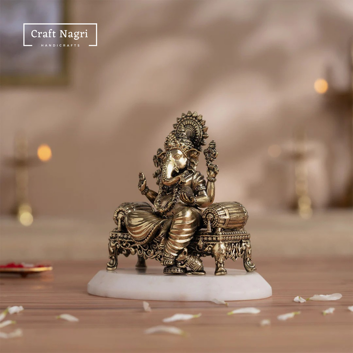 Brass Seated Ganesha Idol on Singhasan (4 Inches)