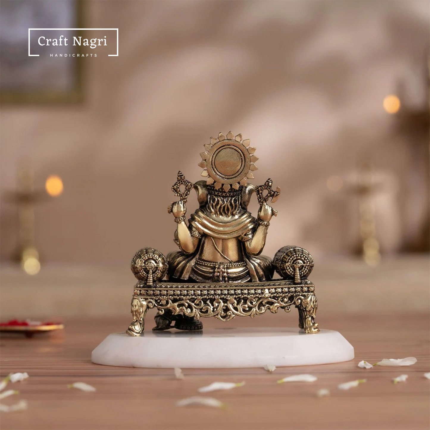 Brass Seated Ganesha Idol on Singhasan (4 Inches)