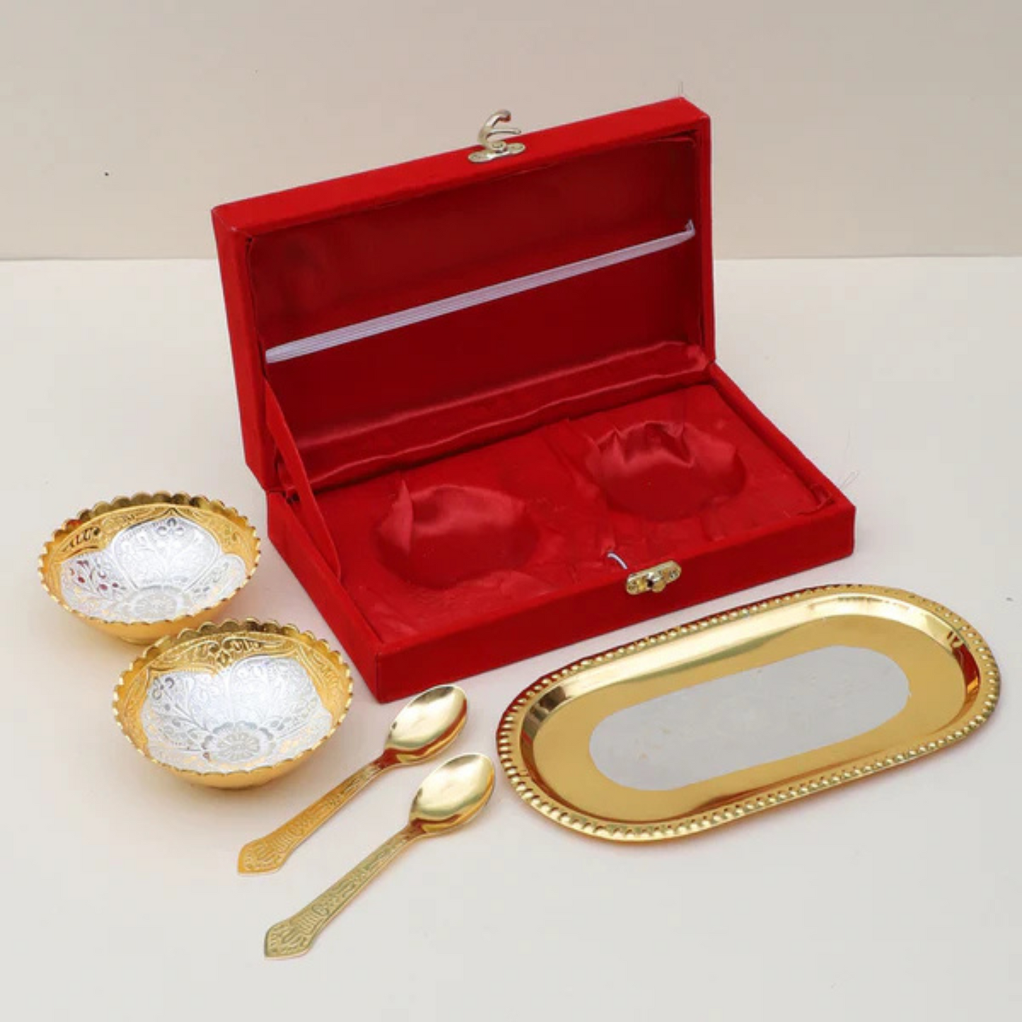 German Golden & Silver Plated Bowl 5 piece set (2 Bowls, 2 Spoons, 1 Tray)