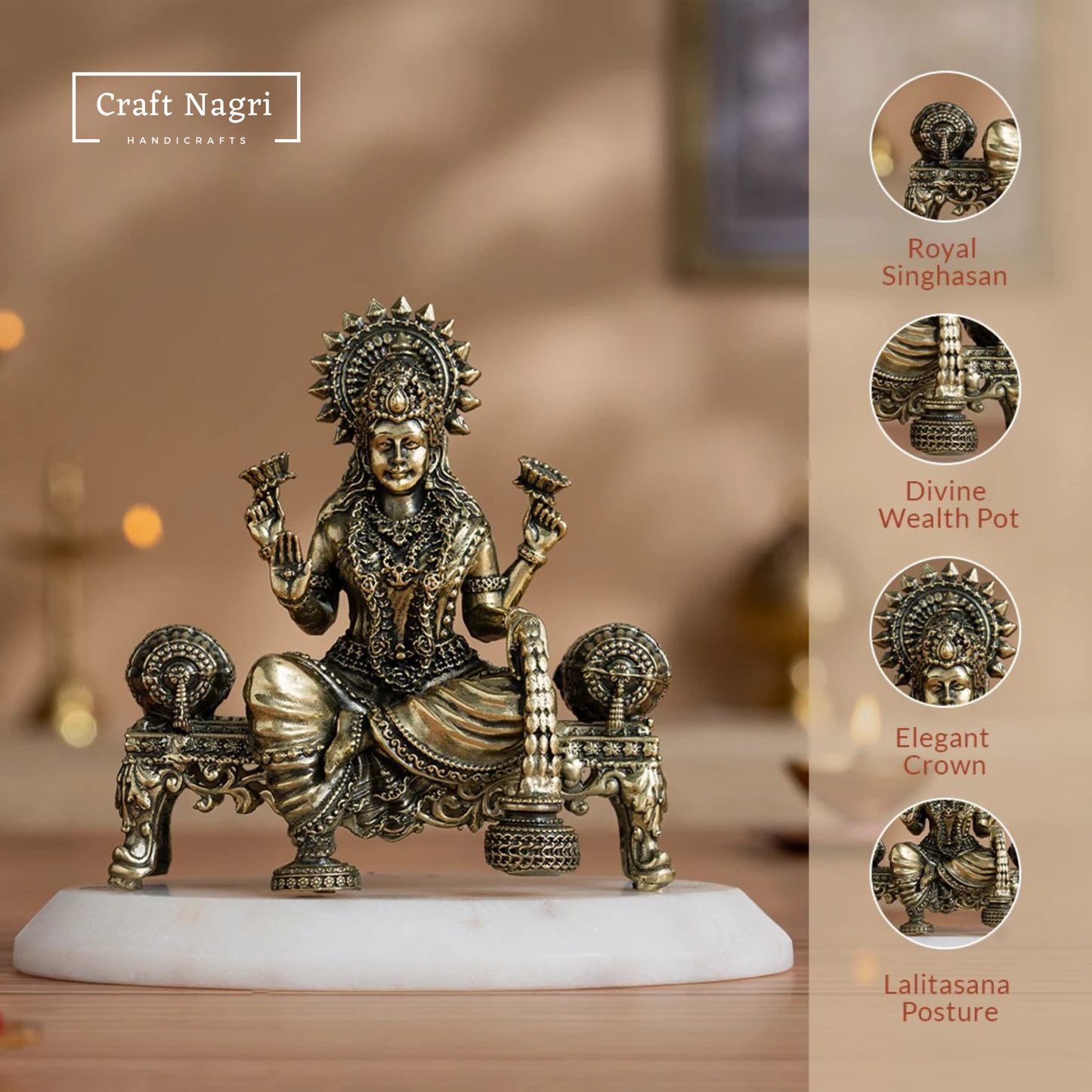 Brass Seated Lakshmi Idol on Singhasan (4 Inches)