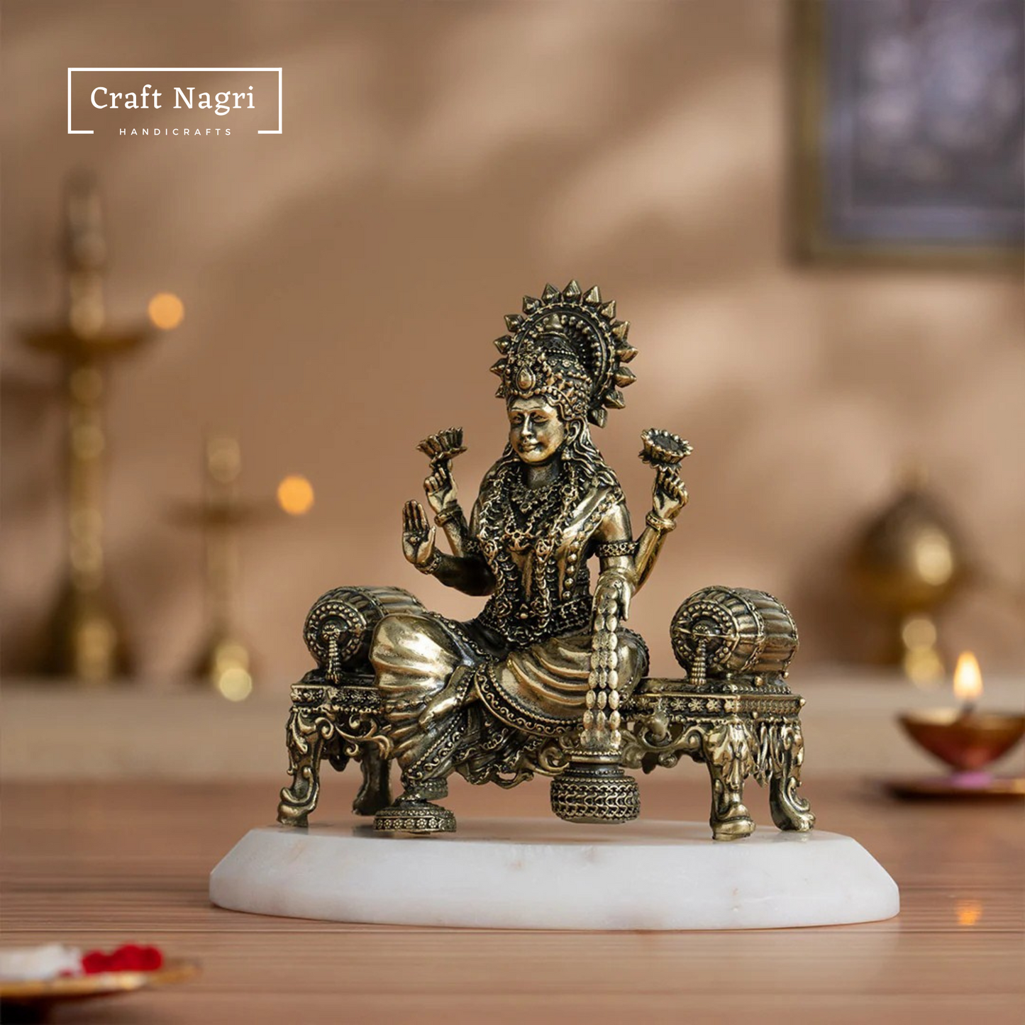 Brass Seated Lakshmi Idol on Singhasan (4 Inches)