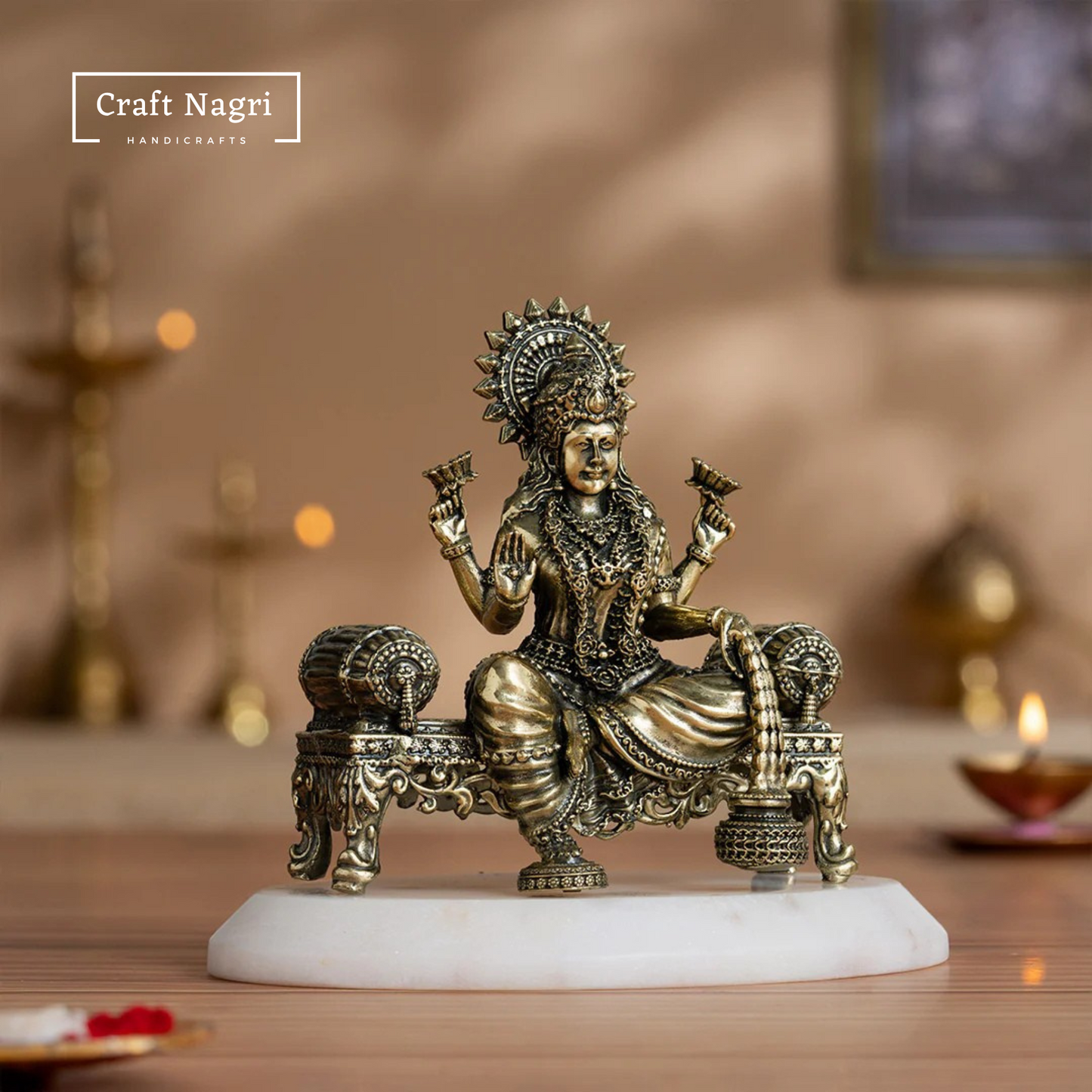 Brass Seated Lakshmi Idol on Singhasan (4 Inches)