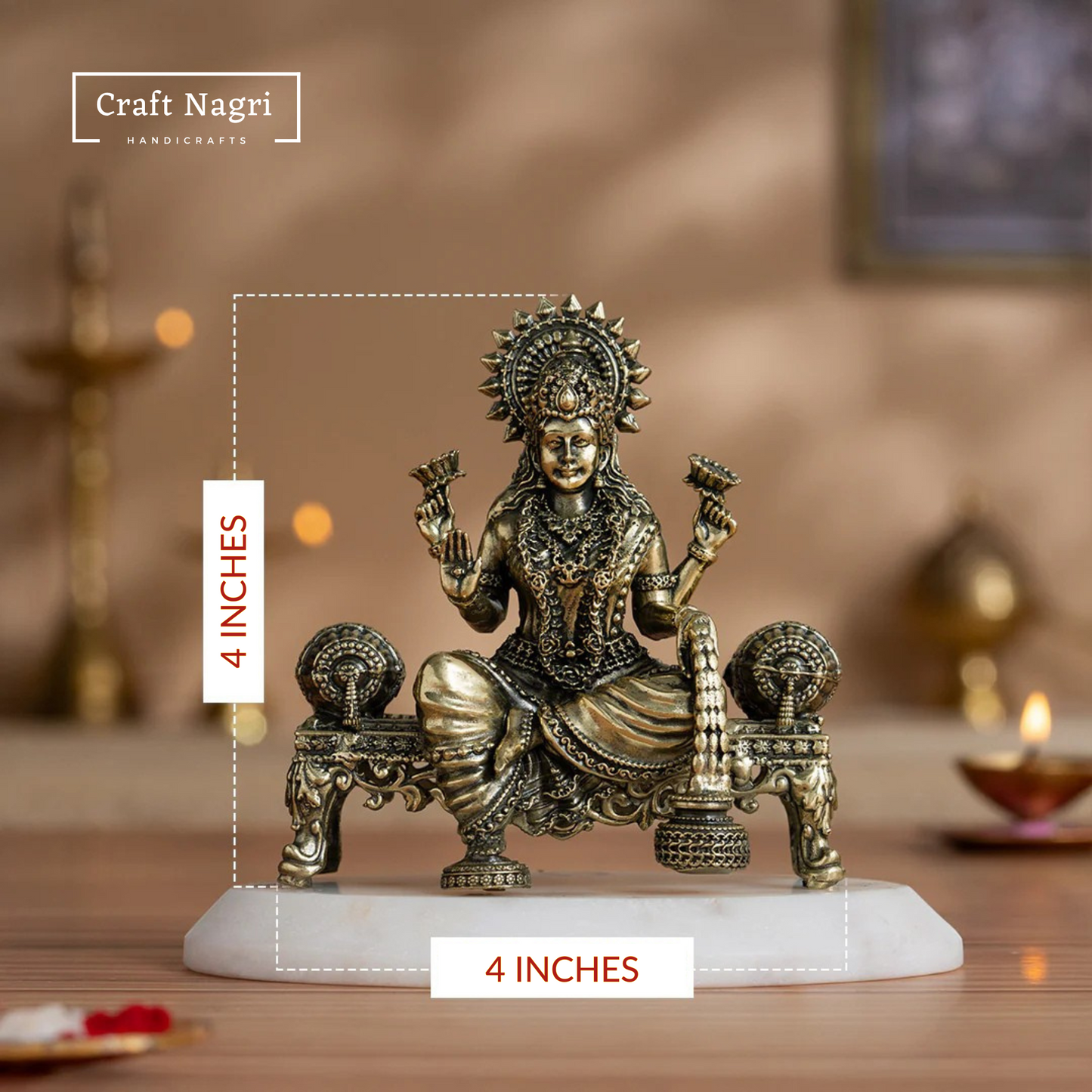 Brass Seated Lakshmi Idol on Singhasan (4 Inches)