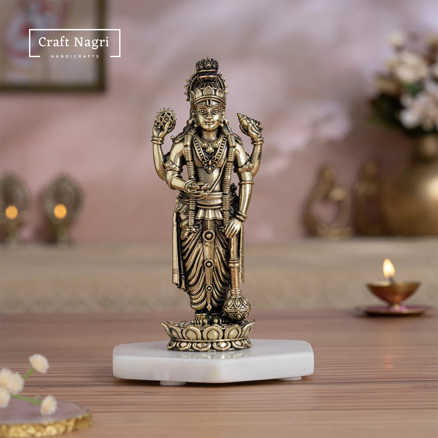 Brass Lord Vishnu Idol with Shanku Chakra (5 Inches)