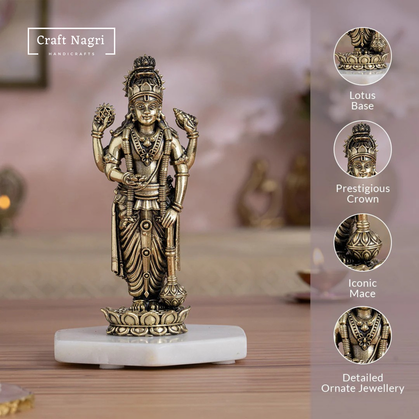 Brass Lord Vishnu Idol with Shanku Chakra (5 Inches)