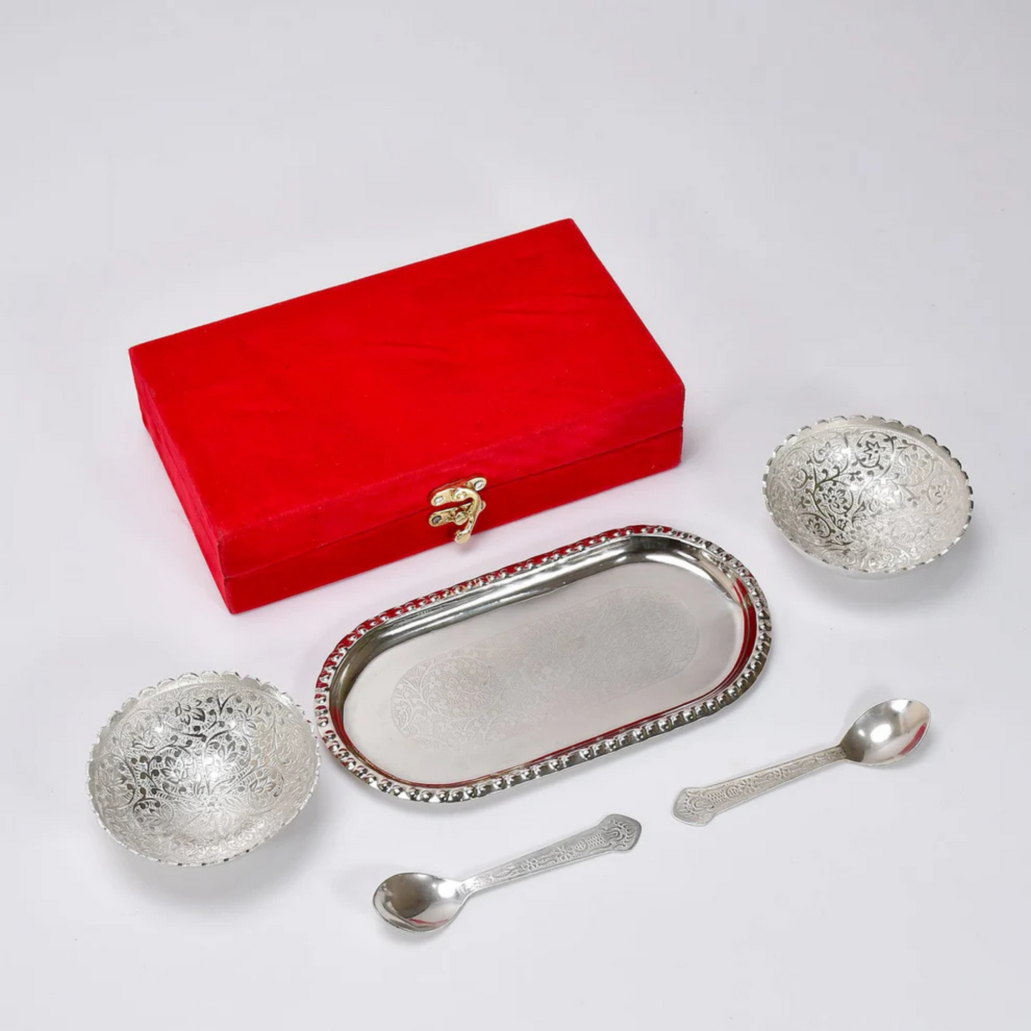 German Golden & Silver Plated Bowl 5 piece set (2 Bowls, 2 Spoons, 1 Tray)