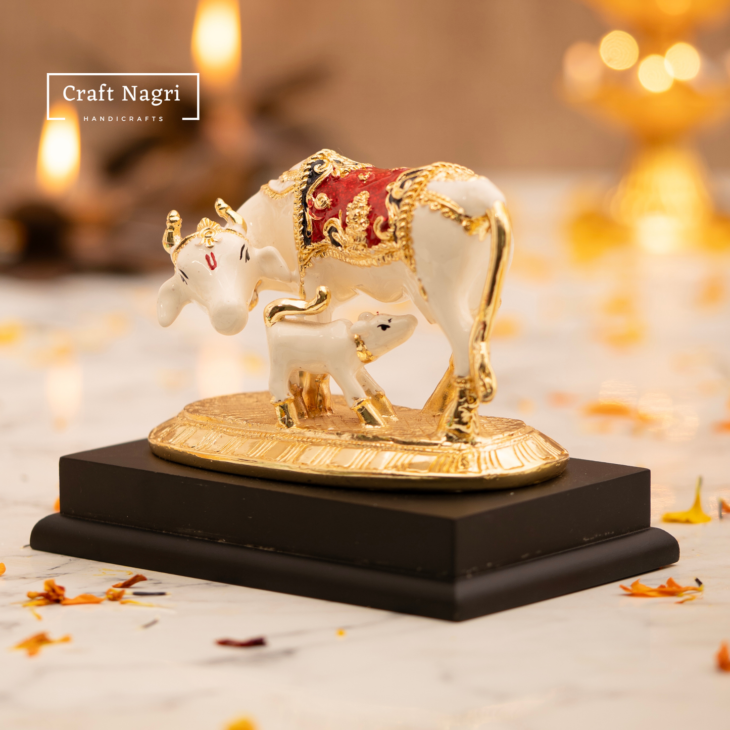 Kamdhenu Cow & Calf Idol with Marble Finish and Gold Plating (5 Inches)