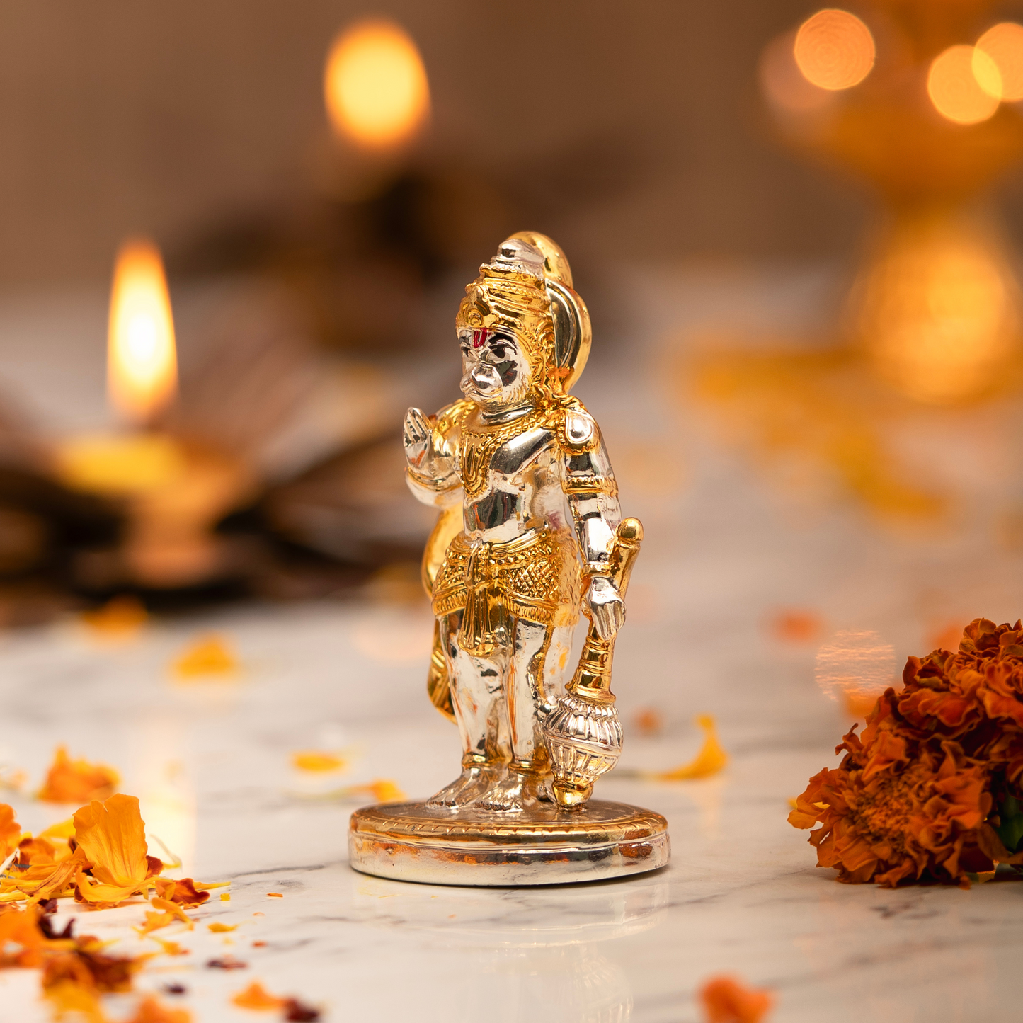 24K Gold & Silver-Plated Hanuman Idol for Car Dashboard (4 Inches)