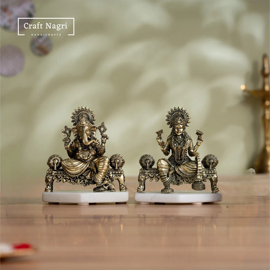 Brass Lakshmi Ganesha Idol Set on Decorative Throne