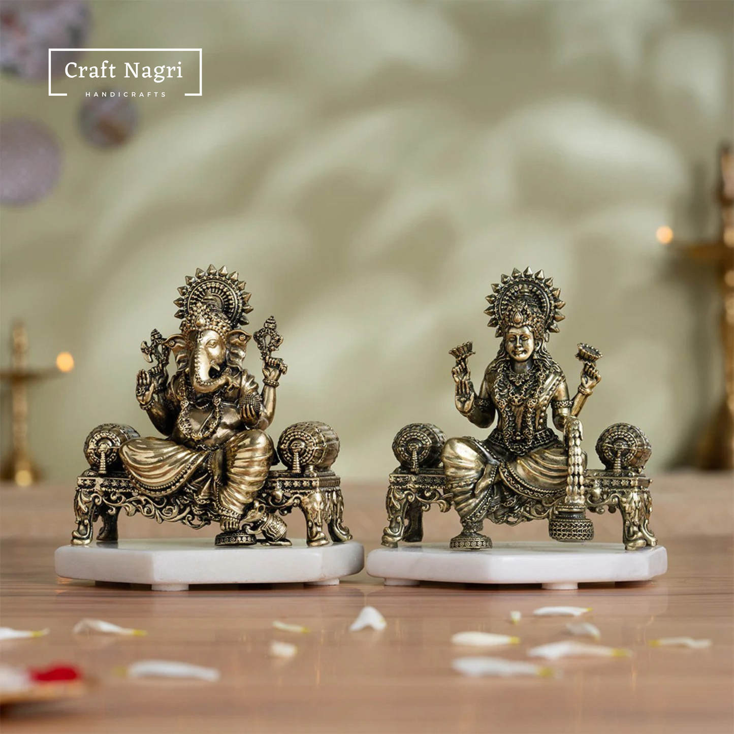 Brass Lakshmi Ganesha Idol Set on Decorative Throne