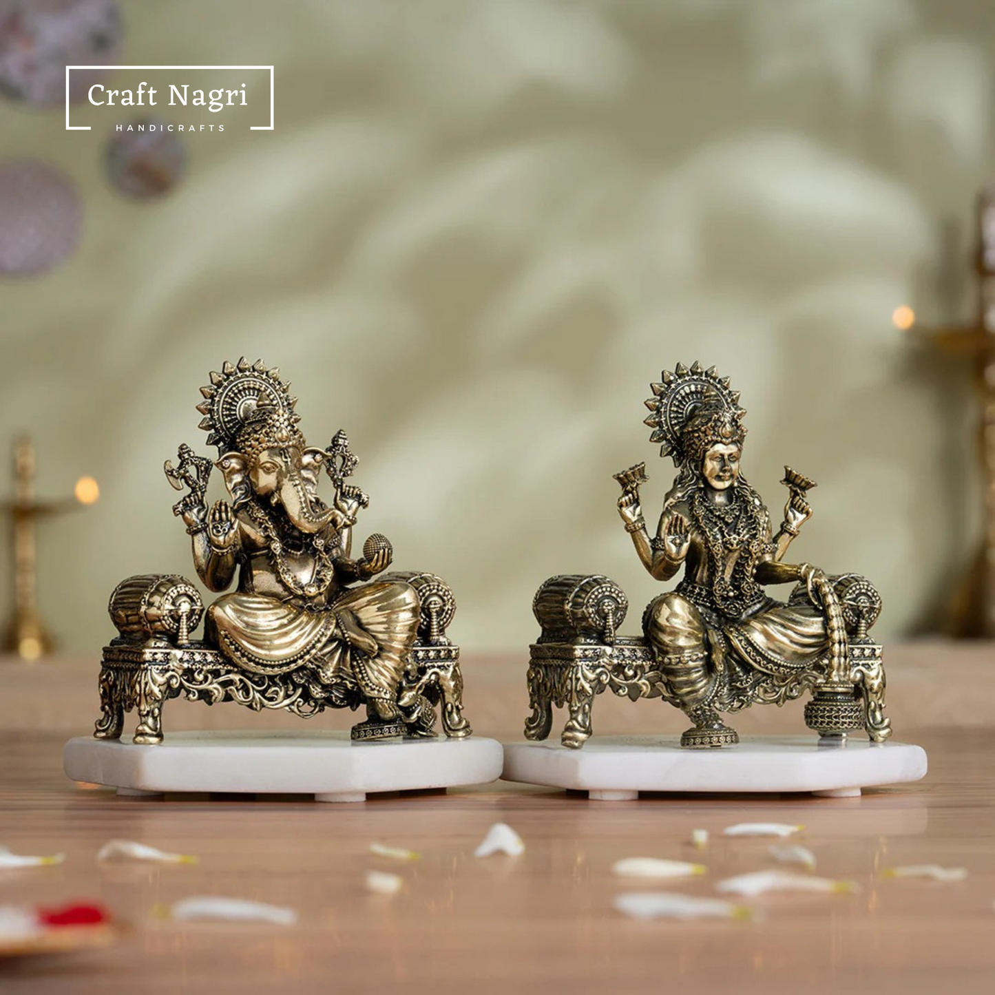 Brass Lakshmi Ganesha Idol Set on Decorative Throne