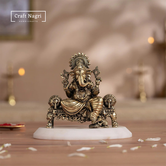 Brass Seated Ganesha Idol on Singhasan (4 Inches)