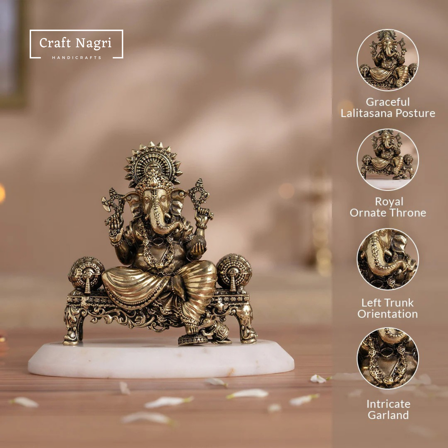 Brass Seated Ganesha Idol on Singhasan (4 Inches)