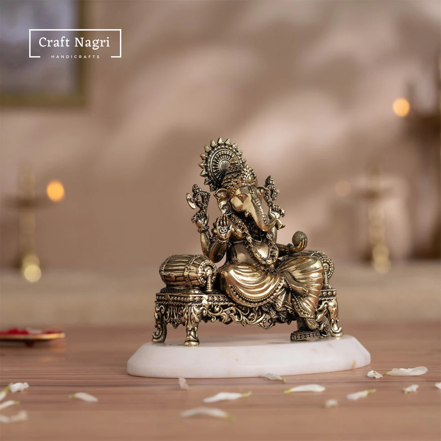 Brass Seated Ganesha Idol on Singhasan (4 Inches)
