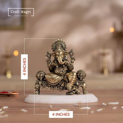 Brass Seated Ganesha Idol on Singhasan (4 Inches)