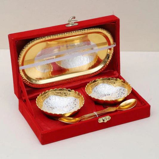 German Golden & Silver Plated Bowl 5 piece set (2 Bowls, 2 Spoons, 1 Tray)