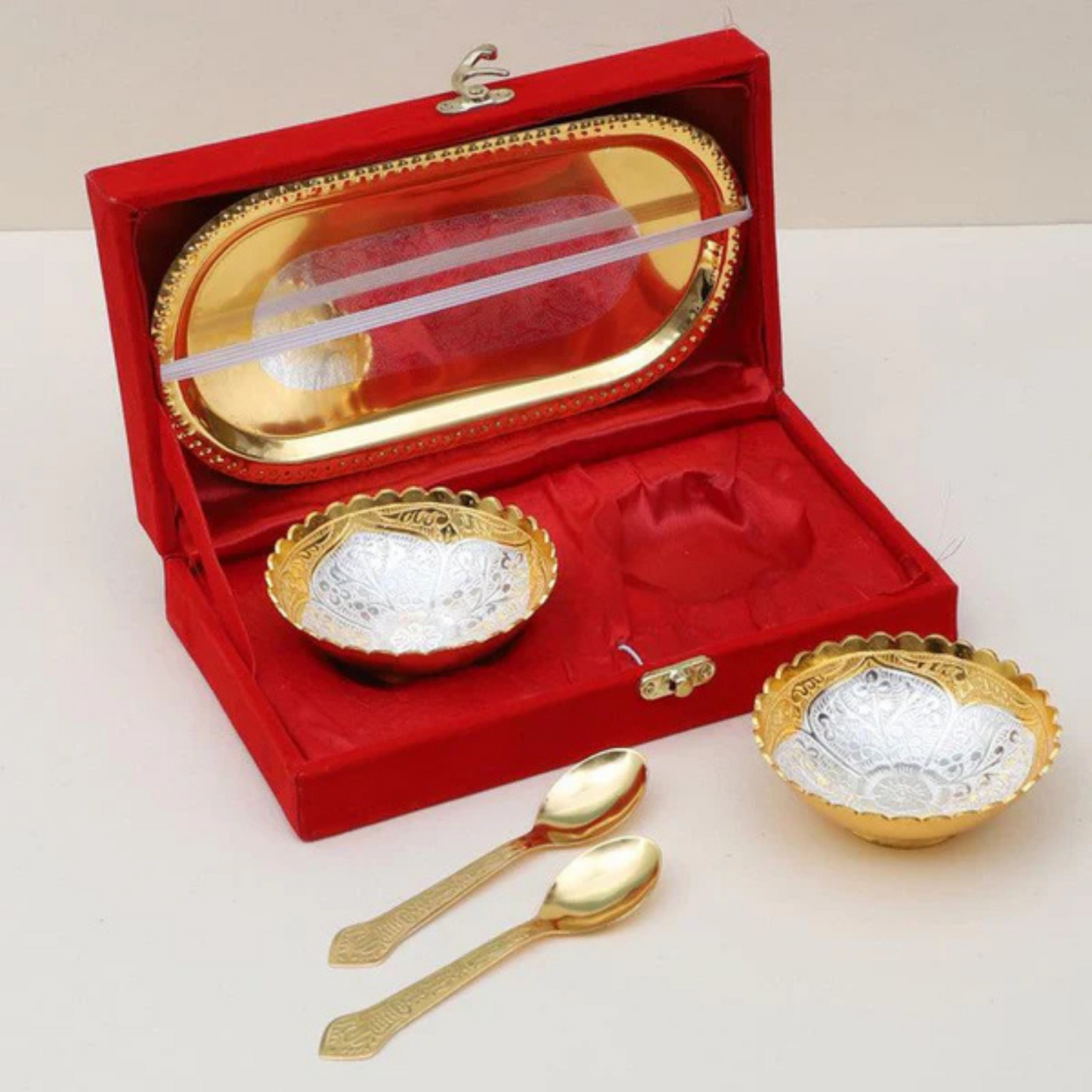 German Golden & Silver Plated Bowl 5 piece set (2 Bowls, 2 Spoons, 1 Tray)