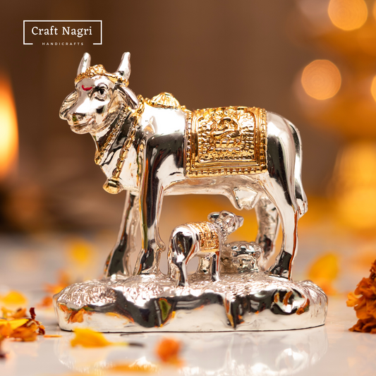 Kamdhenu Cow with Calf Silver & Gold Plated(3.5 Inches)
