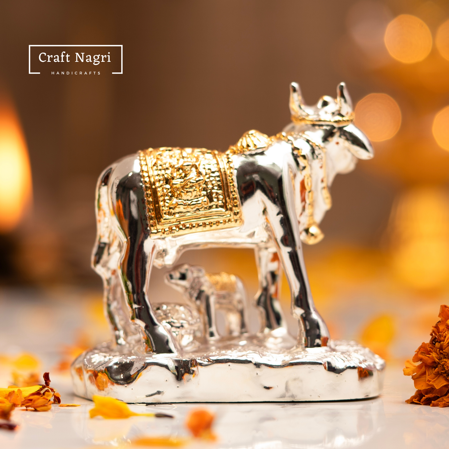 Kamdhenu Cow with Calf Silver & Gold Plated(3.5 Inches)