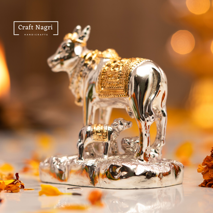 Kamdhenu Cow with Calf Silver & Gold Plated(3.5 Inches)