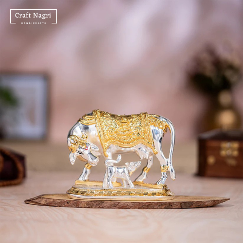 Kamdhenu Cow with Calf – Silver & Gold Plated Divine Blessings