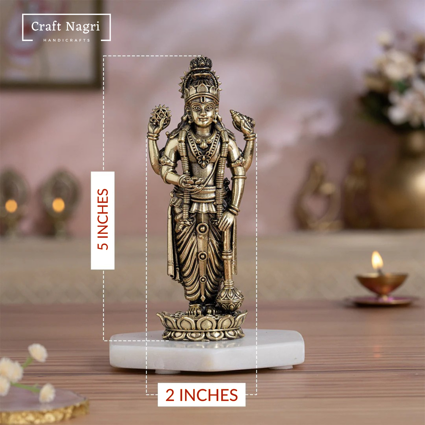 Brass Lord Vishnu Idol with Shanku Chakra (5 Inches)
