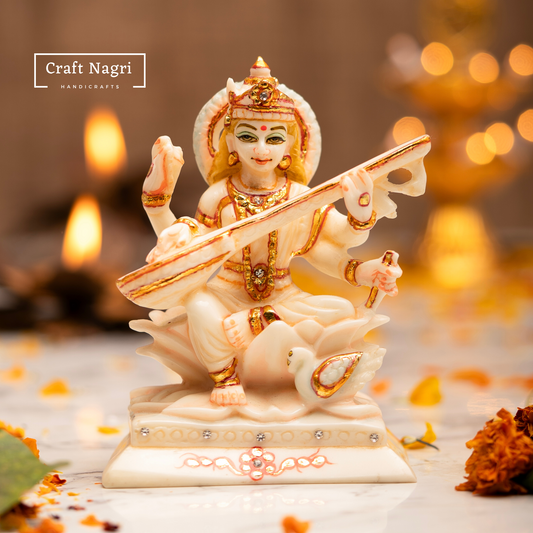 Saraswati Maa Idol with Gold Accents ( 6 Inches)