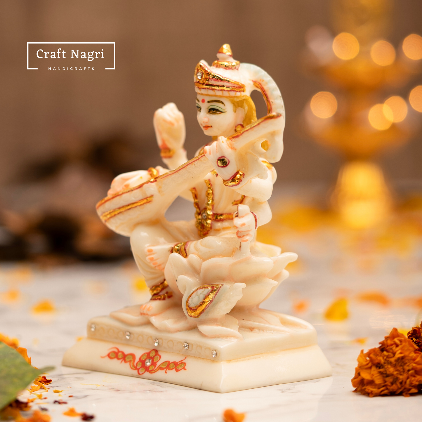 Saraswati Maa Idol with Gold Accents ( 6 Inches)