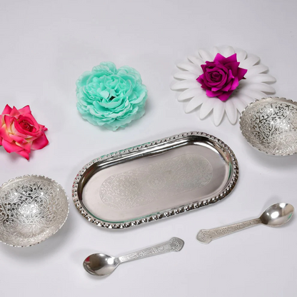 German Golden & Silver Plated Bowl 5 piece set (2 Bowls, 2 Spoons, 1 Tray)