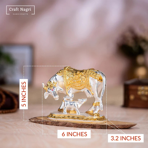 Kamdhenu Cow with Calf – Silver & Gold Plated Divine Blessings