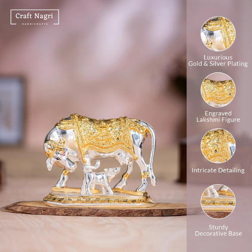 Kamdhenu Cow with Calf – Silver & Gold Plated Divine Blessings