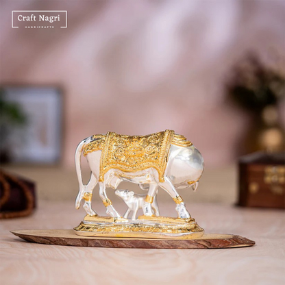 Kamdhenu Cow with Calf – Silver & Gold Plated Divine Blessings