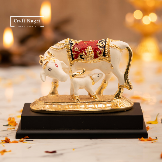 Kamdhenu Cow & Calf Idol with Marble Finish and Gold Plating (5 Inches)