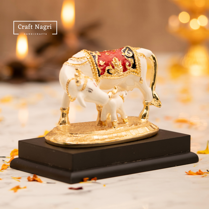 Kamdhenu Cow & Calf Idol with Marble Finish and Gold Plating (5 Inches)