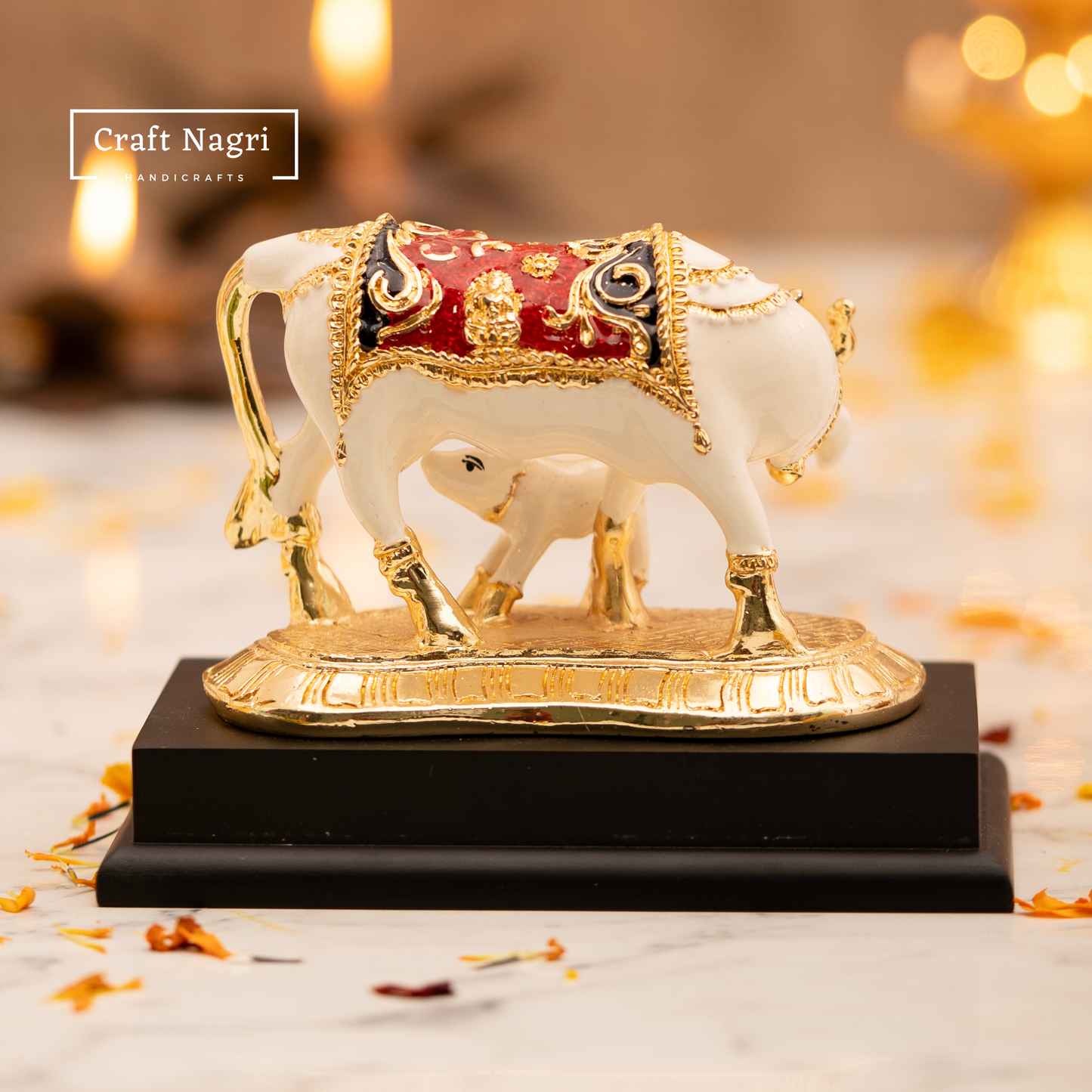Kamdhenu Cow & Calf Idol with Marble Finish and Gold Plating (5 Inches)