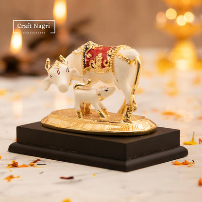 Kamdhenu Cow & Calf Idol with Marble Finish and Gold Plating (5 Inches)