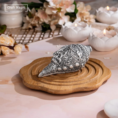 Ganesh Carved Shankh Silver Plated  (5 Inches)