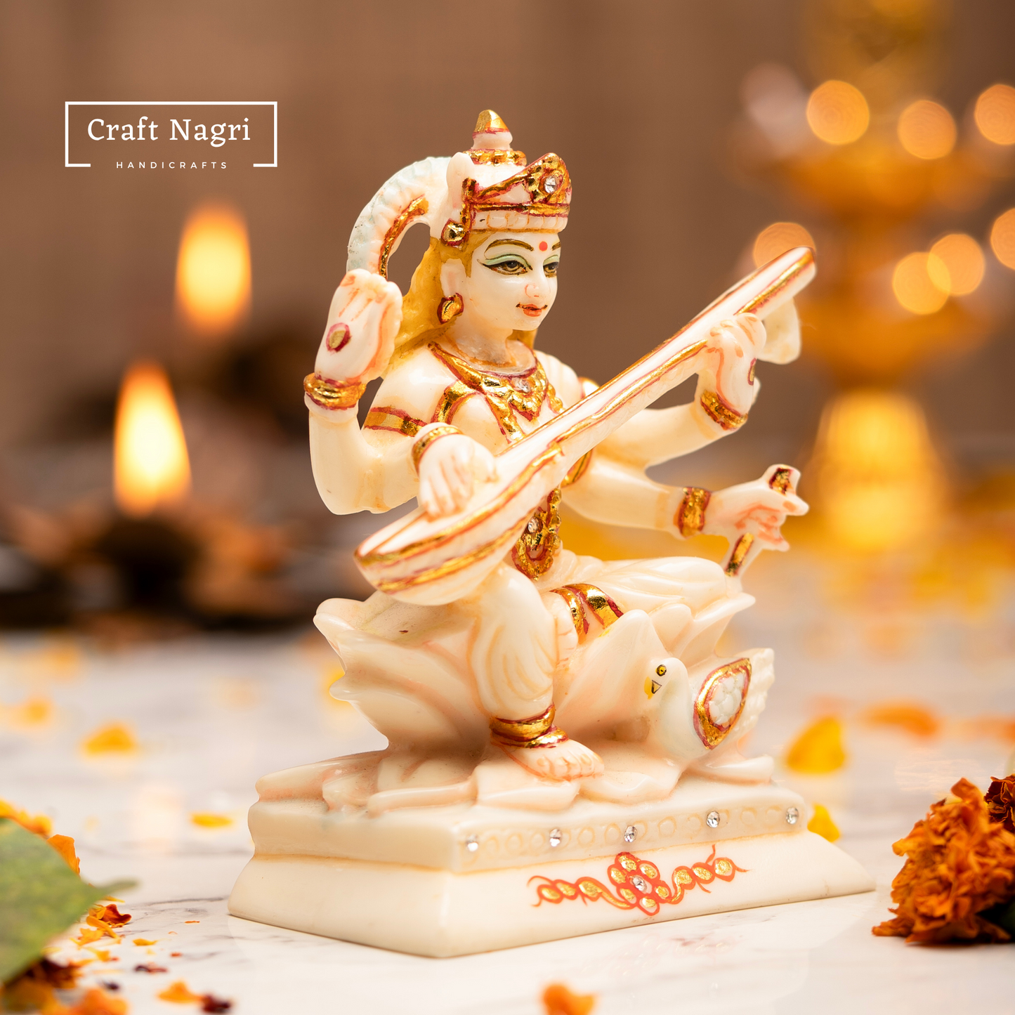 Saraswati Maa Idol with Gold Accents ( 6 Inches)